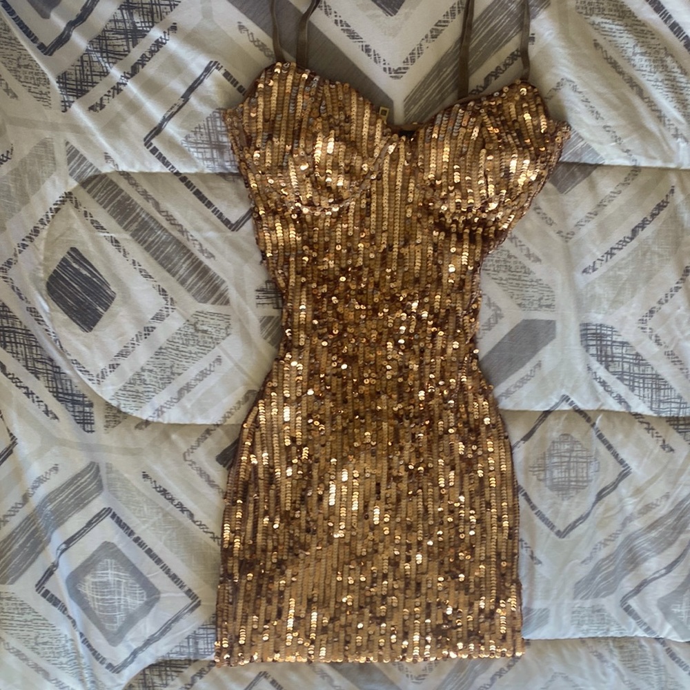 Gold/Bronze mini dress, adjustable straps,Zipper back,Worn 1 time